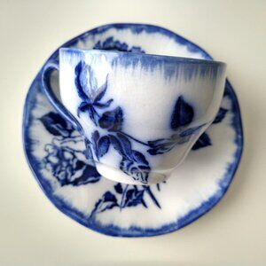 *RARE* Antique Ironstone Staffordshire England Blue Rose Tea Cup and Saucer